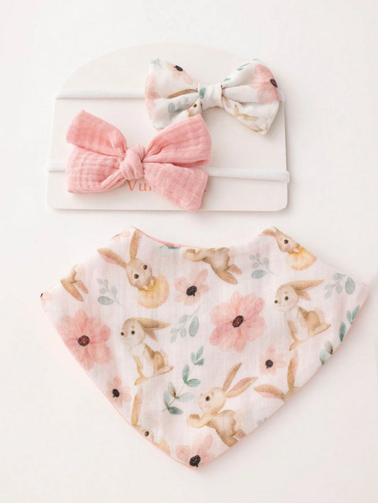 0-36 Months Baby Fashionable Drool Bib And Headband Set, Pink Rabbit Design