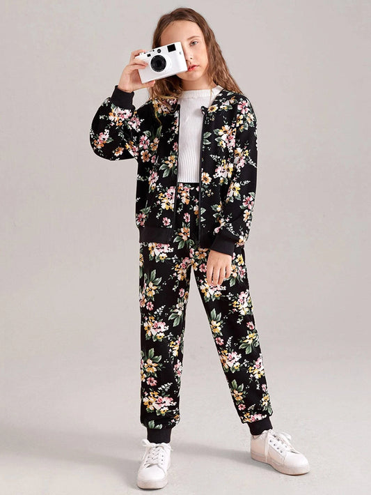 Tween Girl Floral Print Drop Shoulder Hoodie & Sweatpants