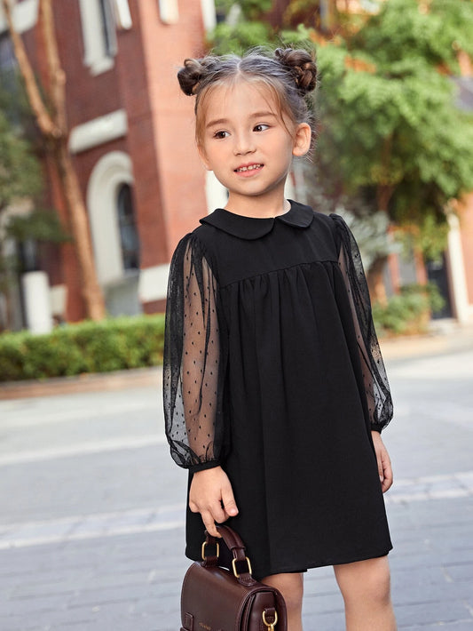 Young Girl Peter-Pan Collar Sheer Dobby Mesh Lantern Sleeve Smock Dress