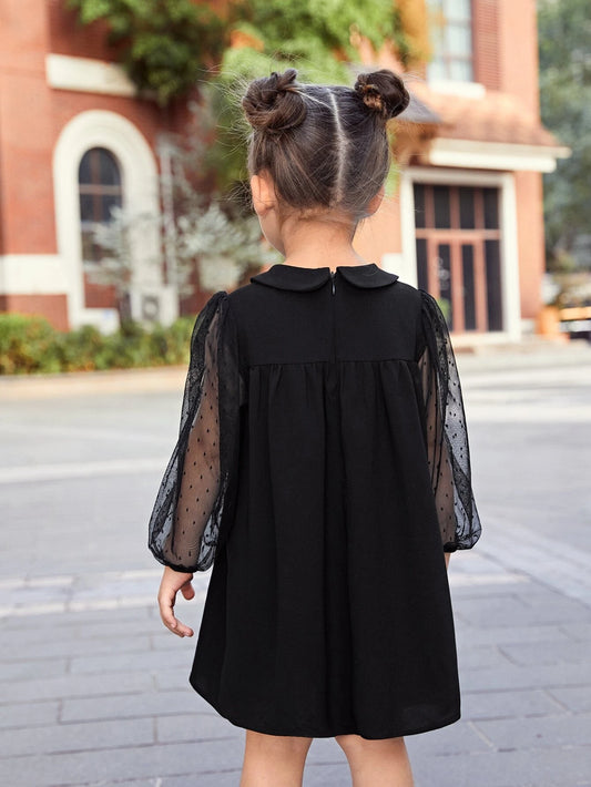 Young Girl Peter-Pan Collar Sheer Dobby Mesh Lantern Sleeve Smock Dress