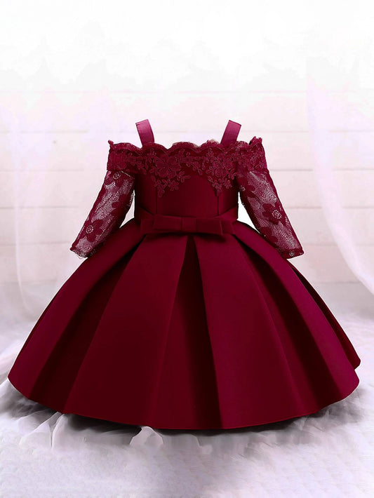 Young Girl Lace & Satin Solid Color Dress With Waist Bow Decoration, Beautiful & Elegant For Formal Occasions