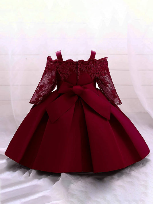 Young Girl Lace & Satin Solid Color Dress With Waist Bow Decoration, Beautiful & Elegant For Formal Occasions