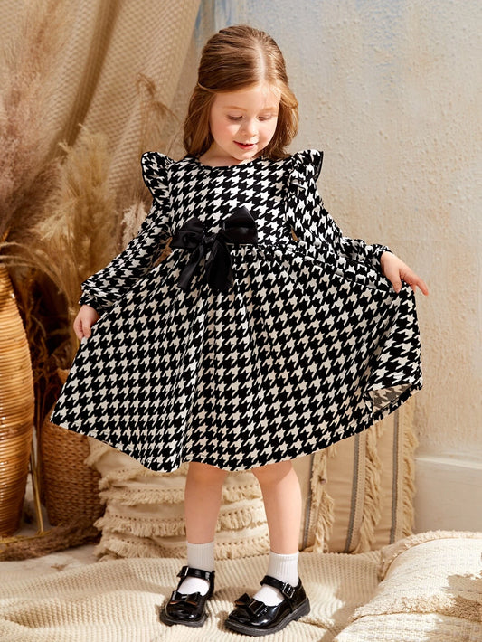 Young Girl Fall/Winter Christmas Elegant Houndstooth Print Bow Front Dress