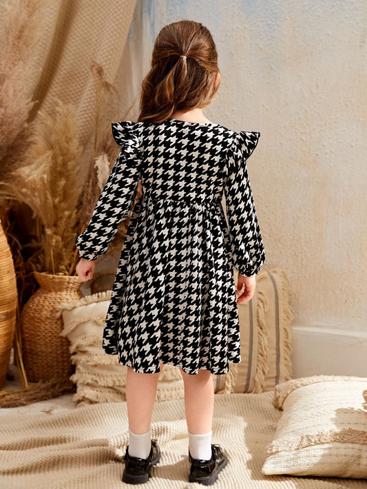 Young Girl Fall/Winter Christmas Elegant Houndstooth Print Bow Front Dress