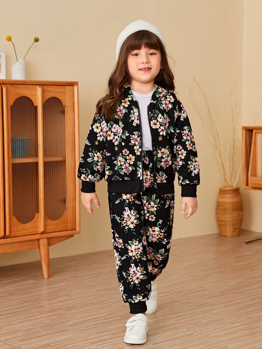 Young Girl Floral Print Bomber Jacket & Sweatpants