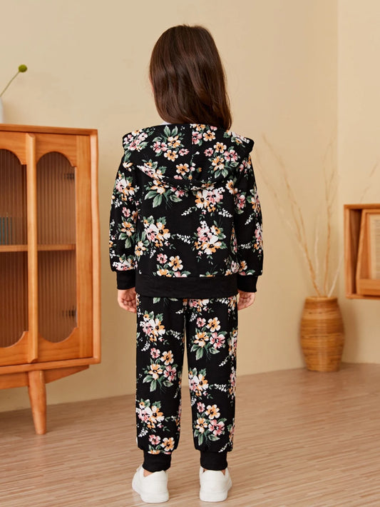 Young Girl Floral Print Bomber Jacket & Sweatpants