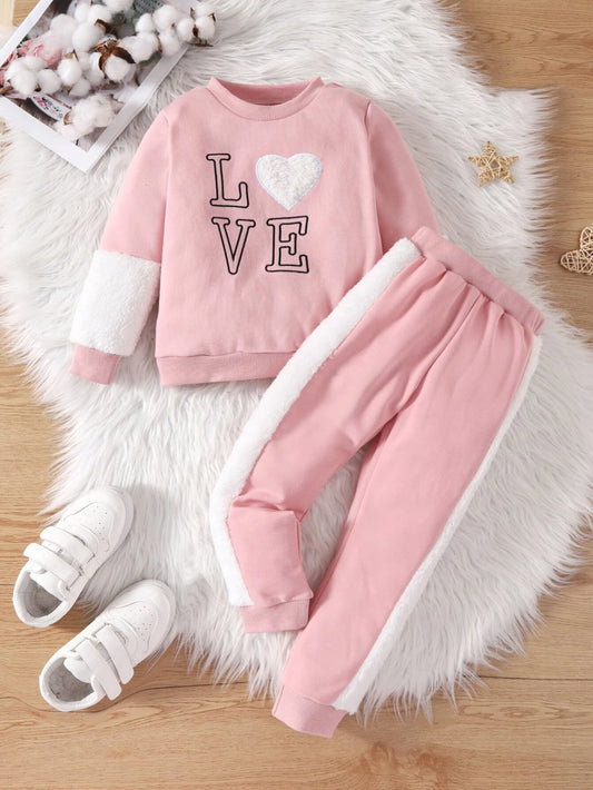 Toddler Girls Letter And Heart Embroidery Contrast Panel Sweatshirt & Sweatpants