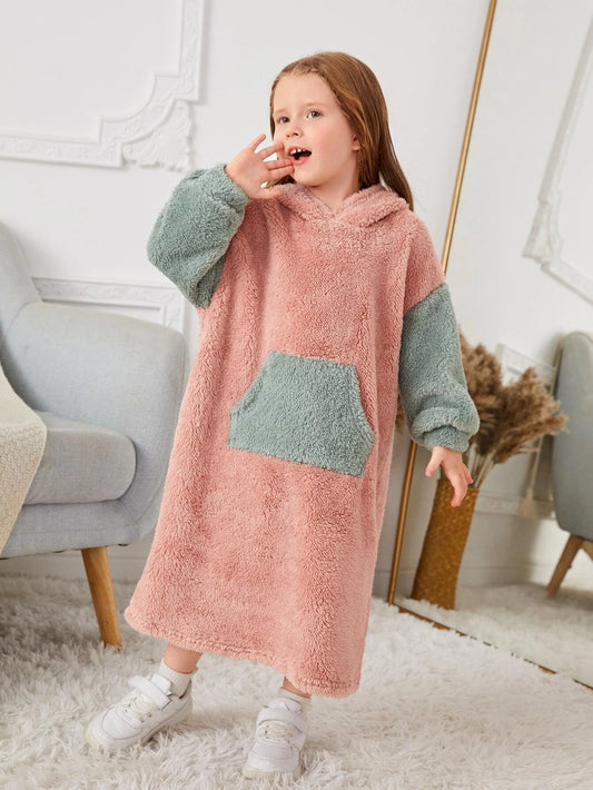 Young Girl Two Tone Kangaroo Pocket Drop Shoulder Teddy Hoodie Dress