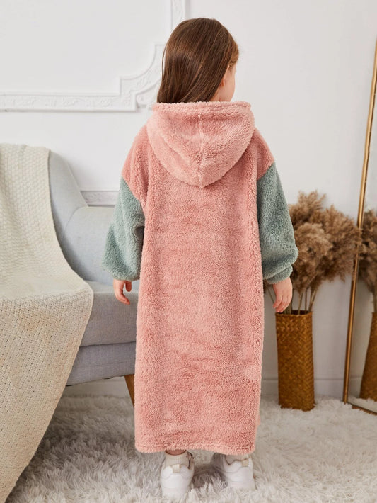 Young Girl Two Tone Kangaroo Pocket Drop Shoulder Teddy Hoodie Dress