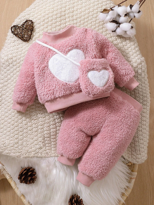 Baby Girl Newborn Heart Embroidery Teddy Pullover & Pants & Bag