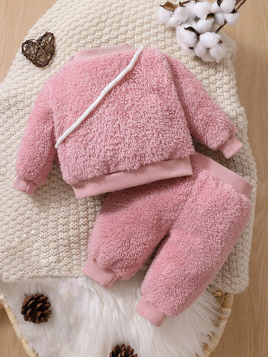 Baby Girl Newborn Heart Embroidery Teddy Pullover & Pants & Bag