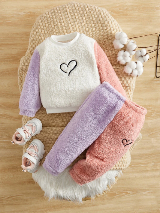 Baby Girl Heart Embroidery Two Tone Teddy Sweatshirt & Pants