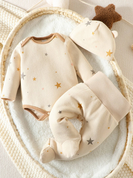 Baby Star Print Contrast Binding Sleep Bodysuit & Footed Pants