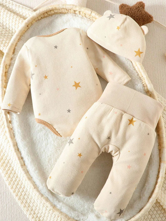 Baby Star Print Contrast Binding Sleep Bodysuit & Footed Pants