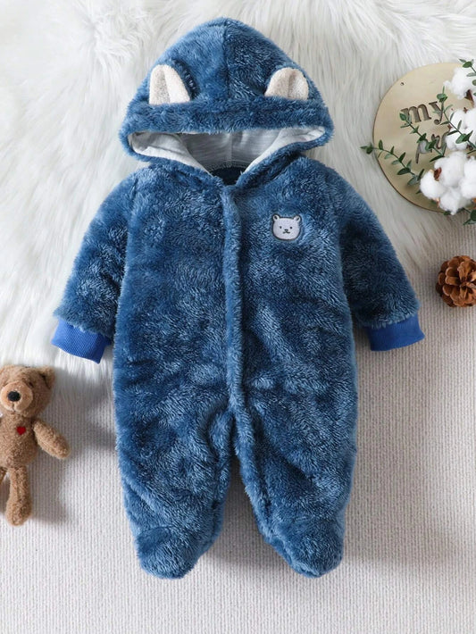 Baby Boy Bear Embroidery 3D Ear Design Hooded Footed Sleep Jumpsuit