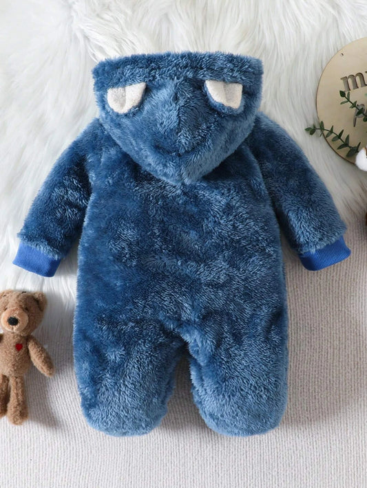 Baby Boy Bear Embroidery 3D Ear Design Hooded Footed Sleep Jumpsuit