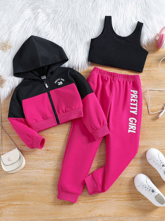 Young Girl Two Tone Zip Up Hoodie & Letter Graphic Sweatpants & Tank Top