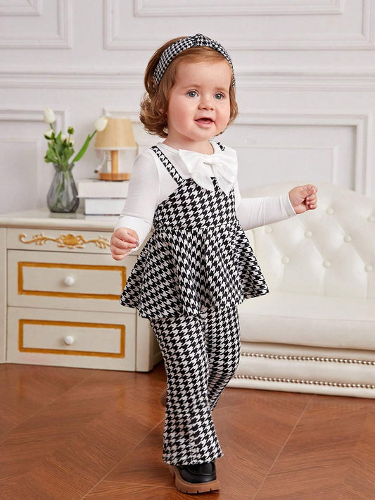 Baby Girl Houndstooth Print Bow Front Peplum 2 In 1 Top & Flare Leg Pants