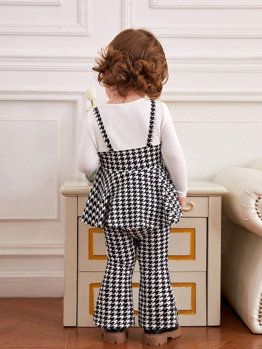 Baby Girl Houndstooth Print Bow Front Peplum 2 In 1 Top & Flare Leg Pants