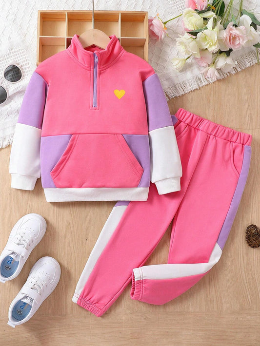 Young Girl Colorblock Heart Print Kangaroo Pocket Half Zip Sweatshirt & Sweatpants