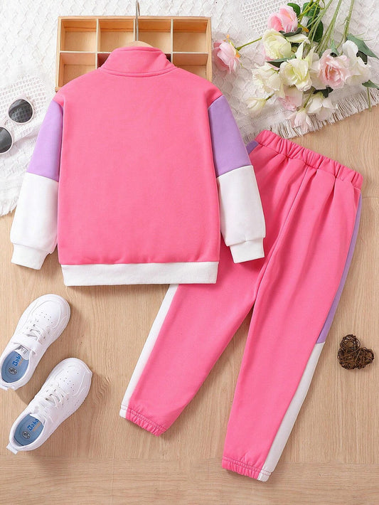 Young Girl Colorblock Heart Print Kangaroo Pocket Half Zip Sweatshirt & Sweatpants