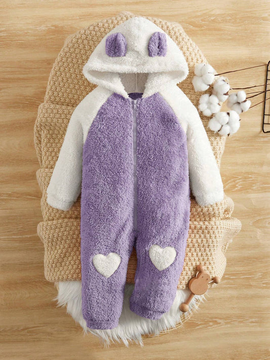 Baby Girl 3D Ear Design Raglan Sleeve Hooded Teddy Jumpsuit