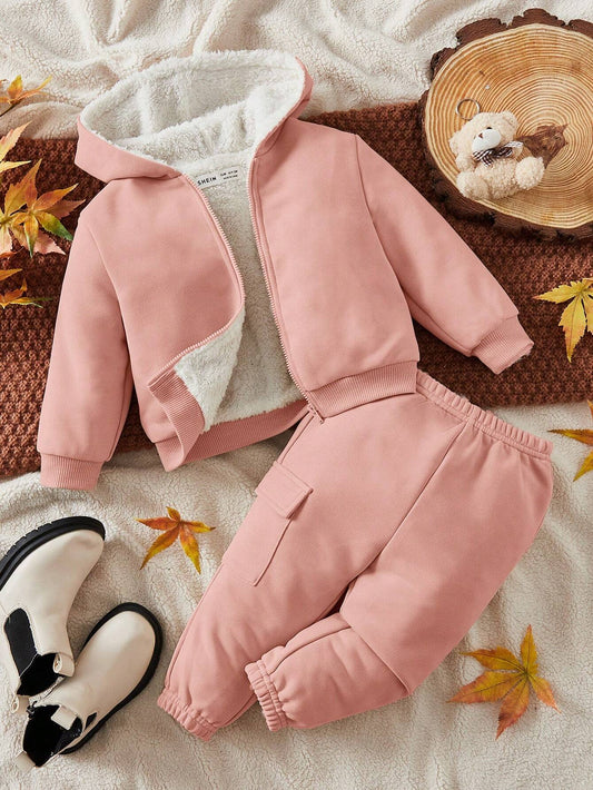 Baby Girl Zip Up Thermal Lined Hooded Jacket & Sweatpants