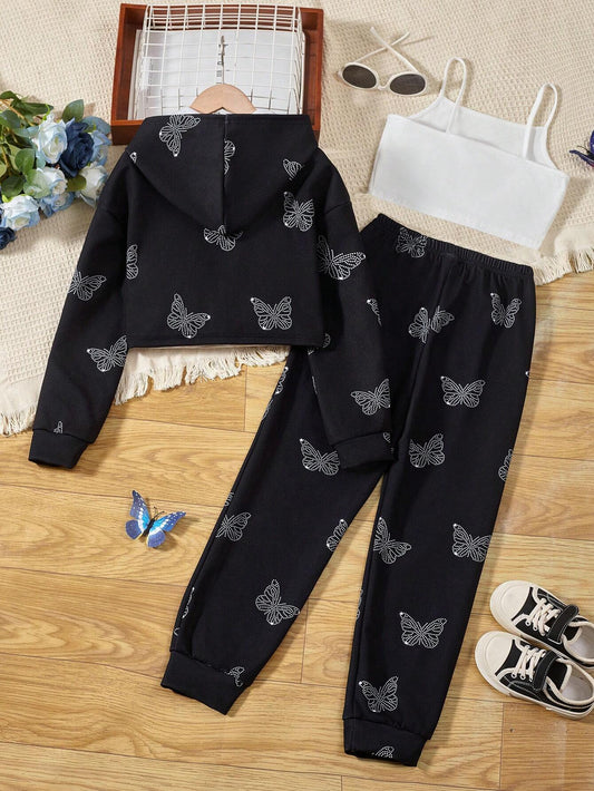 Tween Girl Cami Top & Butterfly Print Sweatpants & Crop Hoodie