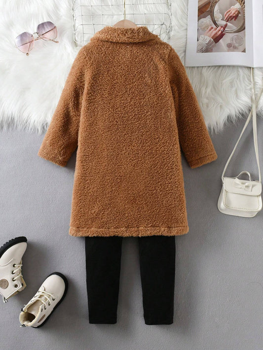 Young Girl Dual Pocket Teddy Coat & Mock Neck Jumpsuit