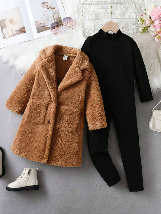 Young Girl Dual Pocket Teddy Coat & Mock Neck Jumpsuit