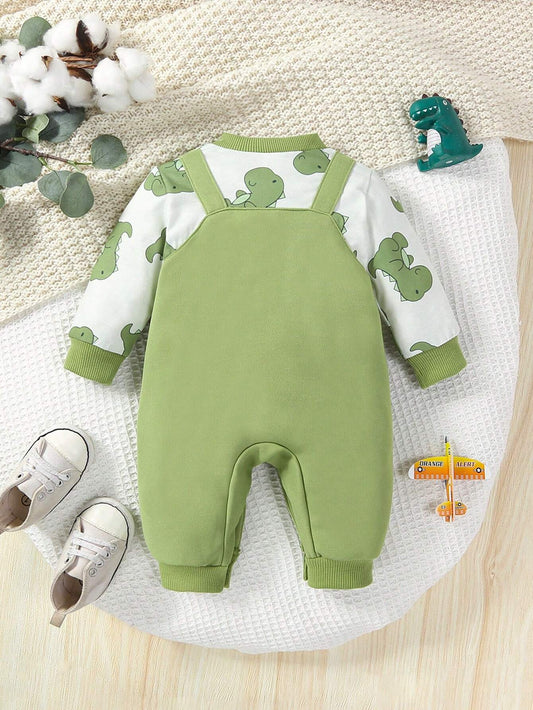 Baby Boy Casual Funny Dinosaur Pattern Embroidered Color-Block Long Sleeve Jumpsuit With Pants