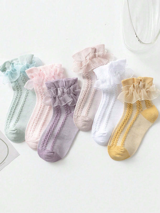 6pairs Kids' Multicolor Princess Dance Sheer Mesh Mid-calf Socks With Lace Edge