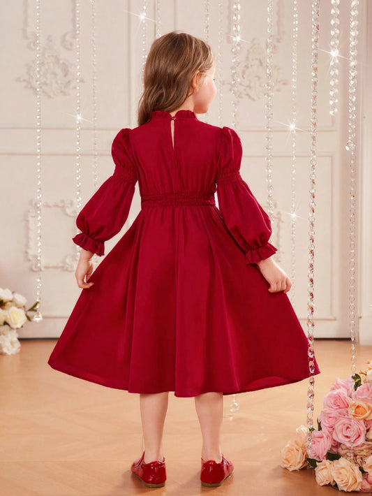 Young Girl 1pc Frill Trim Gather Sleeve Dress