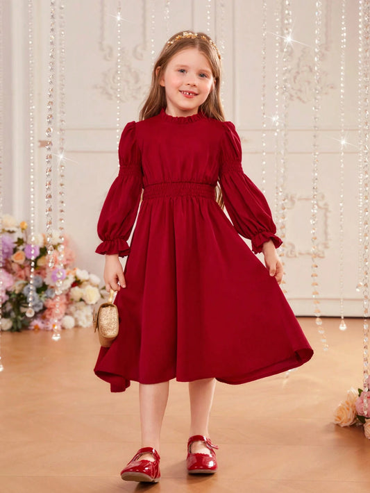 Young Girl 1pc Frill Trim Gather Sleeve Dress