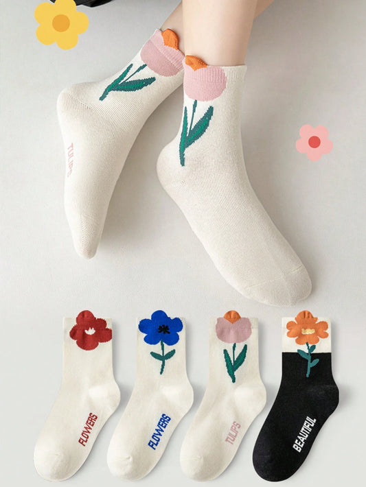 4pairs/Pack Girls' Spring Autumn All Seasons Solid Color Floral Sweet Style Mid-Calf Socks