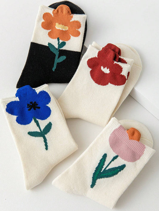 4pairs/Pack Girls' Spring Autumn All Seasons Solid Color Floral Sweet Style Mid-Calf Socks