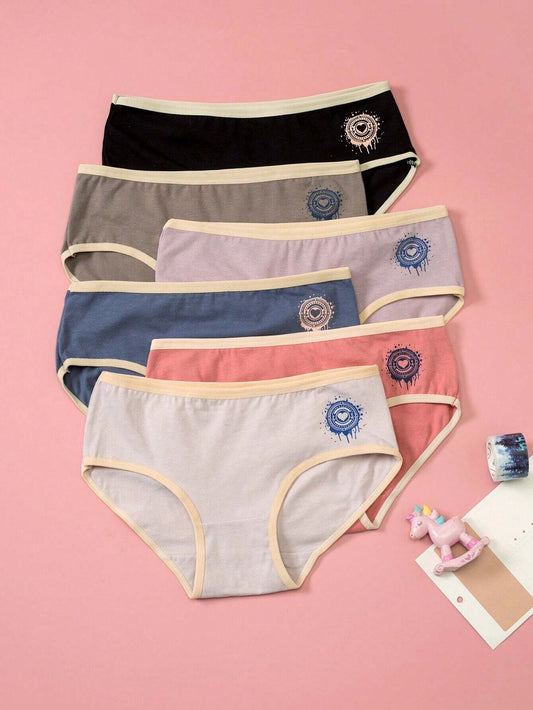 Tween Girl 6pcs Cartoon Graphic Contrast Binding Brief