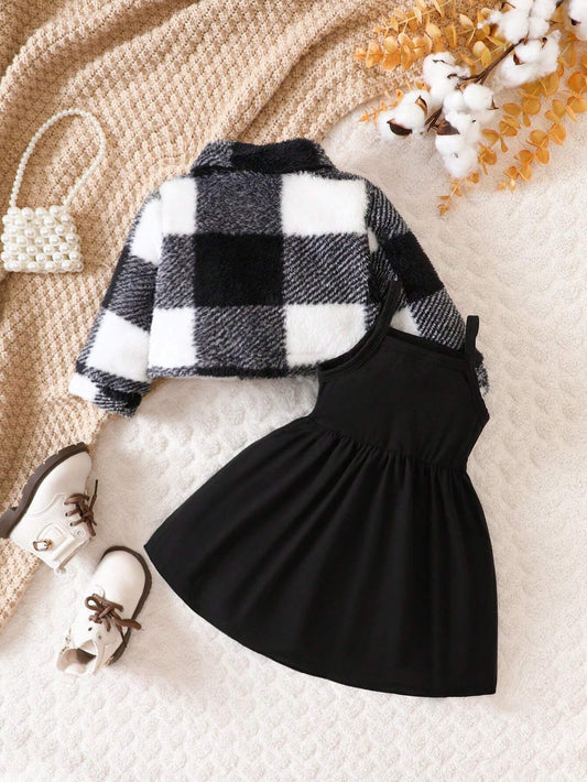 Baby Girl Buffalo Plaid Print Jacket & Cami Dress