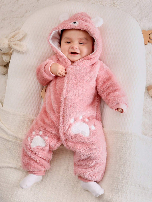 Persoplay Kids Baby Girl Cartoon Embroidery 3D Ears Design Hooded Flannel PJ Jumpsuit