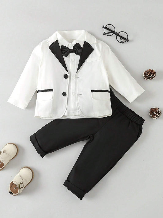 Glamorique Kids Baby Boy Contrast Collar Bow Front Blazer & Pants & Shirt