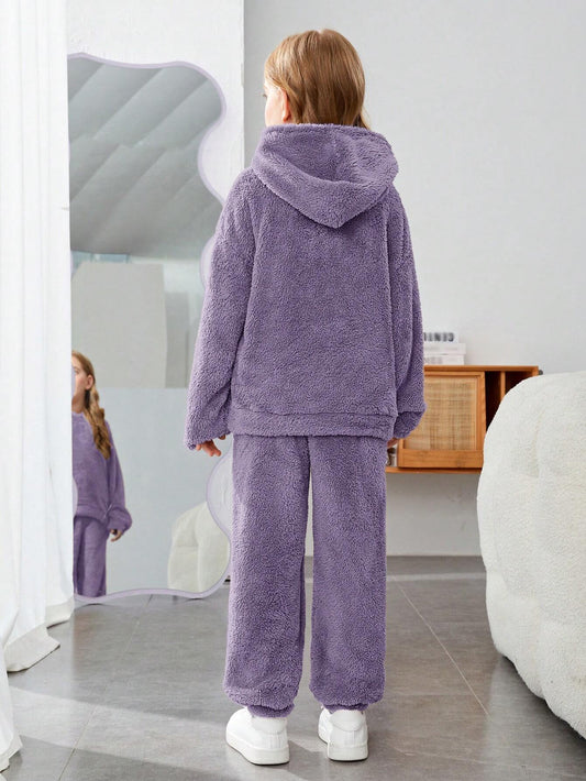 Tween Girl Letter Patched Drop Shoulder Flannel Hoodie & Pants