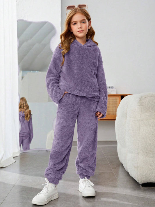 Tween Girl Letter Patched Drop Shoulder Flannel Hoodie & Pants