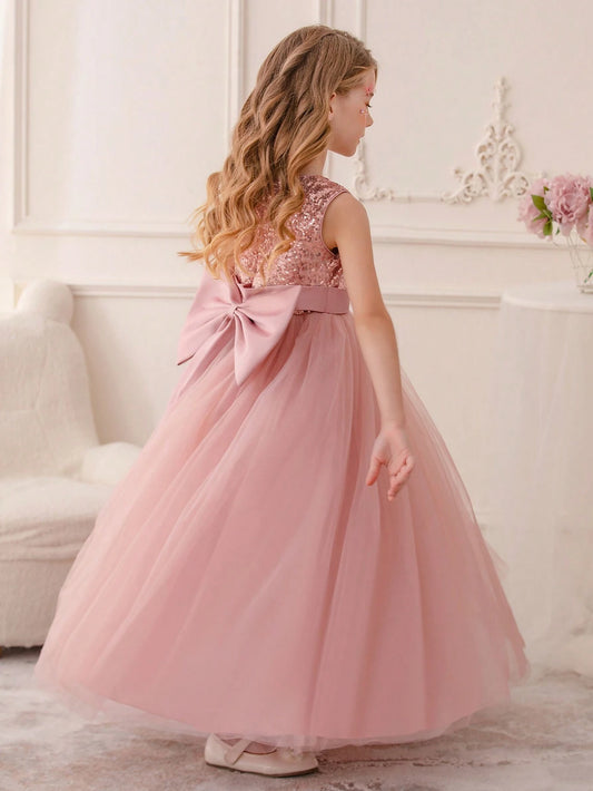 Tween Girl Pink Princess Dress With Bowknot & Sequin Decoration