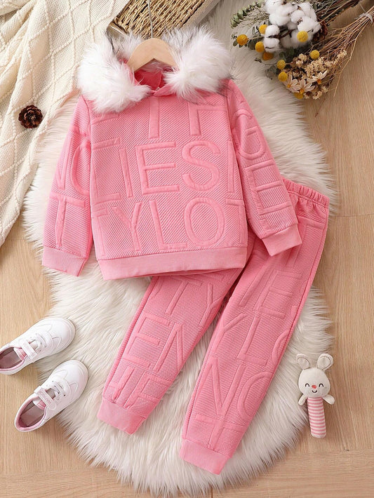 Young Girl Letter Embossed Fuzzy Trim Hoodie & Sweatpants