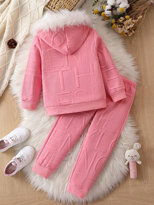 Young Girl Letter Embossed Fuzzy Trim Hoodie & Sweatpants