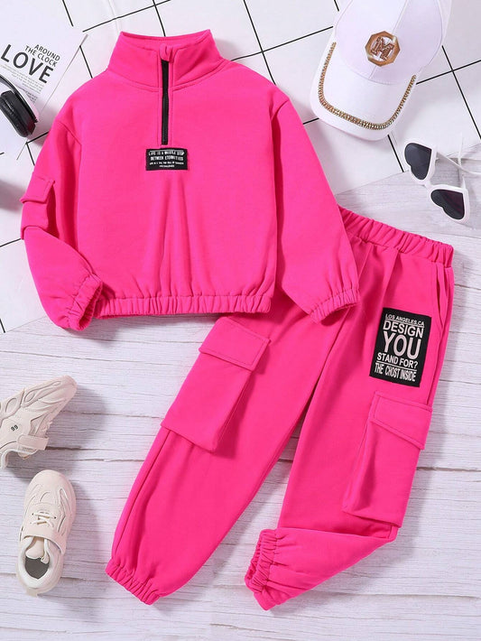 Young Girl Letter Patched Half Zip Sweatshirt & Sweatpants