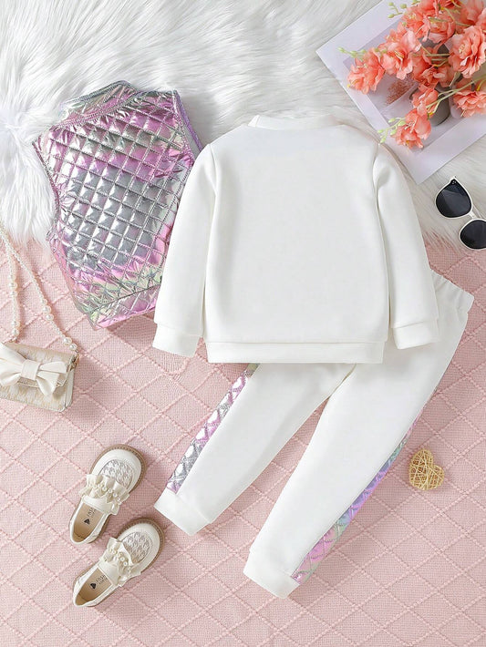 Young Girl Holographic Vest Quilted Coat & Mock-neck Pullover & Sweatpants