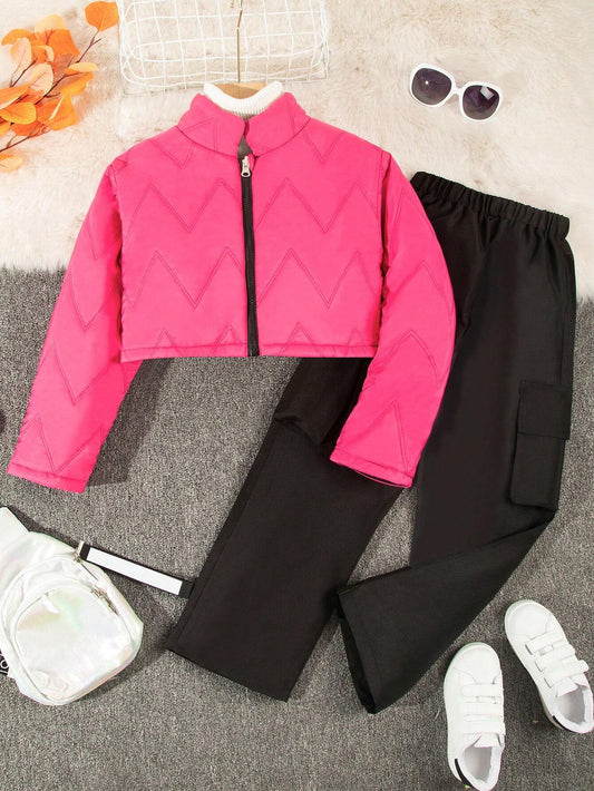 Tween Girl 1pc Solid Zip Up Jacket & 1pc Pants