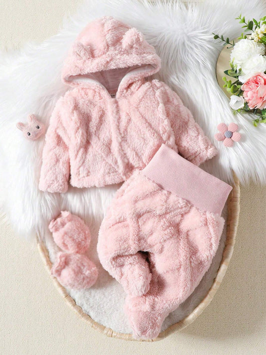 Baby Girls' Comfortable Cable Plush Animal Design Hemmed Hooded Long Sleeve Shirt And Long Pants Home Wear Set