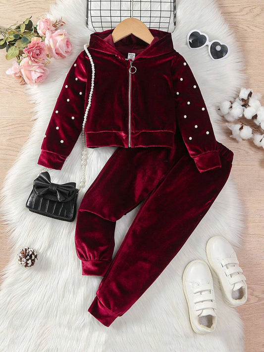 Young Girl Pearls Beaded Zip Up Hooded Jacket & Sweatpants